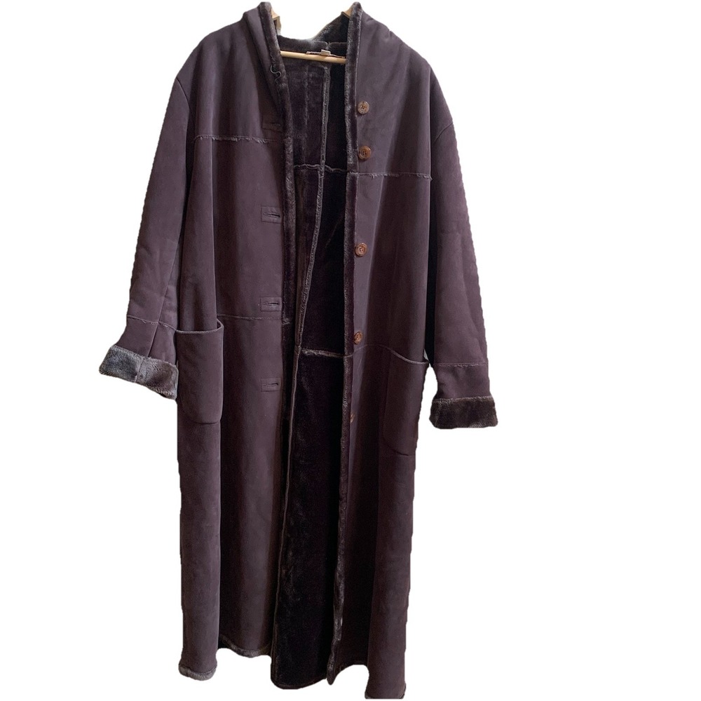 Jones New York Brown Suede Faux Fur Lined Button Up Pea Full Coat‎ Size XL